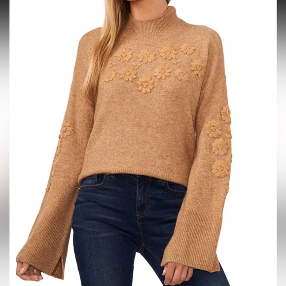 CeCe Sweaters - NWOT CeCe mock neck bell long sleeve flower embroidered sweater
